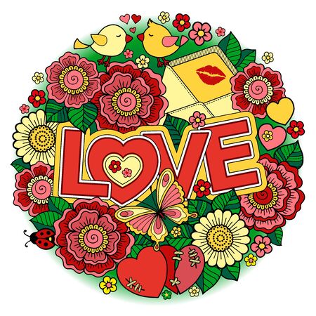 Valentine's Day card. Wedding invitetion. Round shape made of Abstract flowers, butterflies, birds kissing and the word love.のイラスト素材