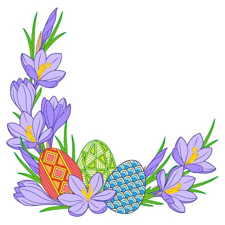 Happy Easter. Frame of Bright Easter eggs and crocus flowersのイラスト素材