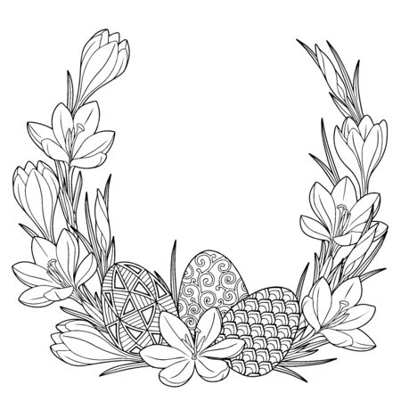 Happy Easter. Frame with black and white doodle easter eggs and spring crocus flowers. Coloring book for adults for relaxation and meditation. Vector isolated elementsのイラスト素材