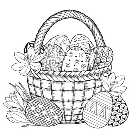 Happy Easter. Black and White Doodle Easter Eggs in the basket. Coloring book for adults for relax and meditation. Vector isolated elementsのイラスト素材