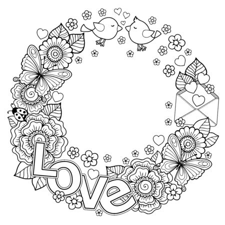 Vector coloring book for Adult. Design for wedding invitations and Valentine's Day of abstract flowers, hearts, envelope, arrow, heart, bird, kiss, butterflyのイラスト素材