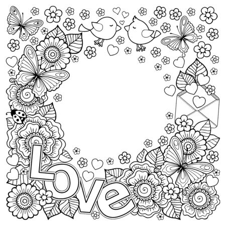 Vector coloring book for Adult. Design for wedding invitations and Valentine's Day of abstract flowers, hearts, envelope, arrow, heart, bird, kiss, butterflyのイラスト素材