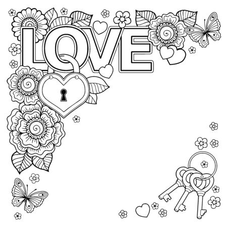 Vector coloring book for Adult. Design for wedding invitations and Valentine's Day of abstract flowers, hearts, envelope, arrow, heart, bird, kiss, butterflyのイラスト素材