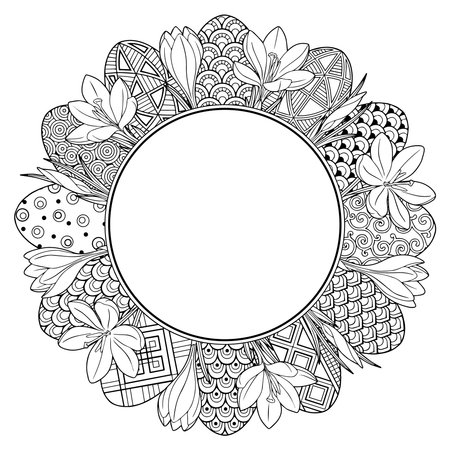 Happy Easter. Frame with black and white doodles easter eggs and flowers. Coloring book for adults for relaxation and meditation. Vector isolated elementsのイラスト素材