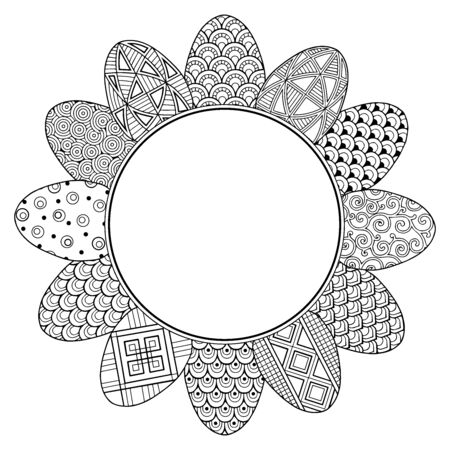 Happy Easter. Frame with black and white doodle easter eggs. Coloring book for adults for relaxation and meditation. Vector isolated elementsのイラスト素材