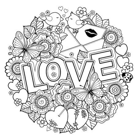 Vector coloring book for Adult. Design for wedding invitations and Valentine's Day of abstract flowers, hearts, envelope, arrow, heart, bird, kiss, butterflyのイラスト素材