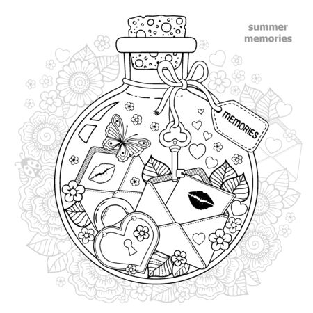 Coloring for adults. Vector Coloring book for adults. A glass vessel with memories of summer. A bottle with bees, butterflies, ladybug, leaves and letters of love with kisses and heartsのイラスト素材
