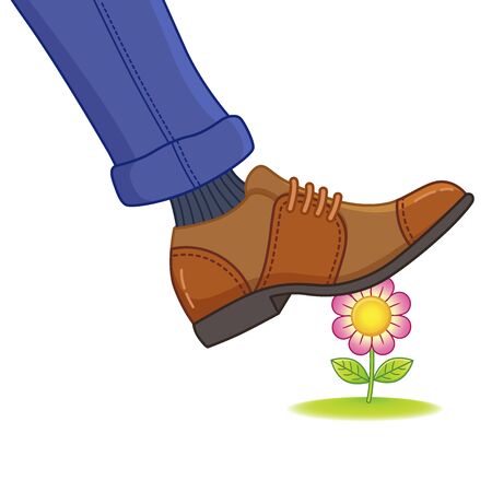 The foot of a man in shoes steps on a flower. Destruction of nature, ecology, rare species of plants, crushed plantsのイラスト素材
