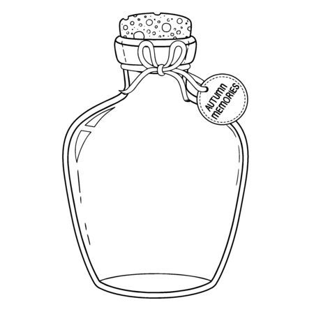 Vector black and white outline coloring book. Glass bottle with label and corkのイラスト素材