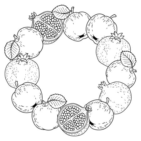Vector cartoon style illustration. Round frame of ripe apples, pomegranates and pears. Thanksgiving Day. Rosh hashanah jewish new year holiday.のイラスト素材