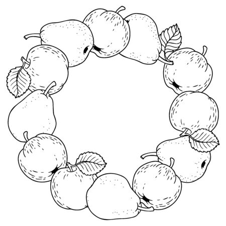 Vector cartoon style illustration. Round frame of ripe apples and pears. Thanksgiving Day.のイラスト素材