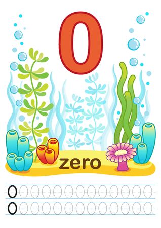 Printable worksheet for kindergarten and preschool. Exercises for writing numbers. Bright funny fishes, crabs, jellyfish, seashells, octopus, other marine life, plants, corals on the sea backgroundのイラスト素材