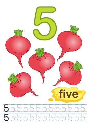 Vector printable worksheet for kindergarten and preschool. Exercises for writing numbers. Learn numbers with bright fresh vegettables count and color from 1 to 10のイラスト素材
