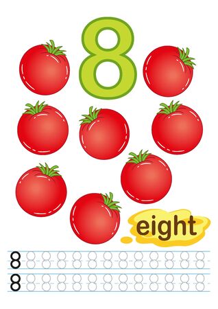 Vector printable worksheet for kindergarten and preschool. Exercises for writing numbers. Learn numbers with bright fresh vegettables count and color from 1 to 10のイラスト素材