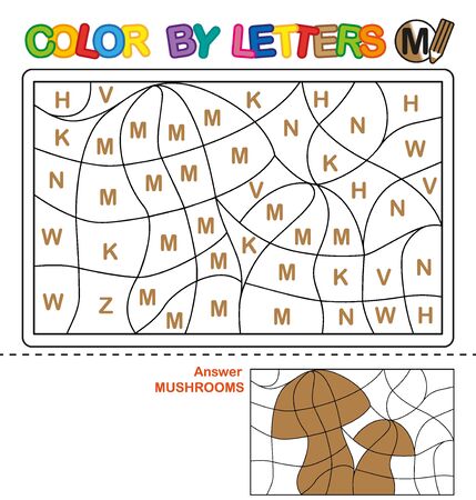 ABC Coloring Book for children. Color by letters. Learning the capital letters of the alphabet. Puzzle for children. Preschool Education. Letter M. Mushroomのイラスト素材