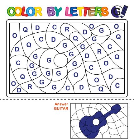 ABC Coloring Book for children. Color by letters. Learning the capital letters of the alphabet. Puzzle for children. Preschool Education. Letter G. Guitarのイラスト素材