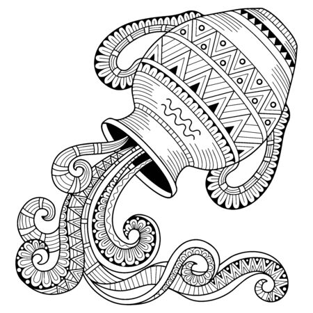 Vector coloring book for adult. Silhouette of jug isolated on white background. Zodiac sign Aquariusのイラスト素材