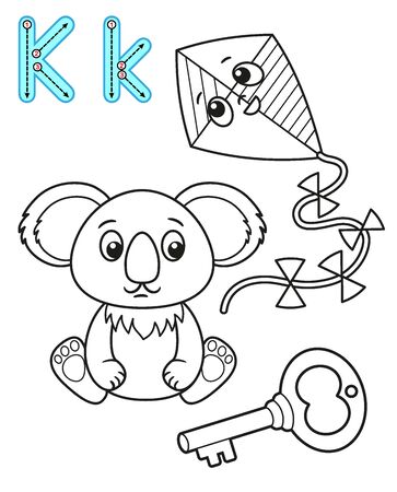 Coloring page for kindergarten and preschool. Card for study English. Vector coloring book alphabet. Letter K. Key, koala, kiteのイラスト素材