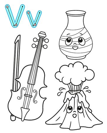 Coloring page for kindergarten and preschool. Card for study English. Vector coloring book alphabet. Letter V. vase, volcano, violinのイラスト素材