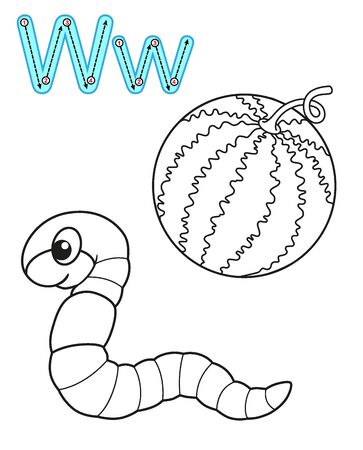 Coloring page for kindergarten and preschool. Card for study English. Vector coloring book alphabet. Letter W. watermelon, wormのイラスト素材