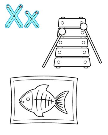 Coloring page for kindergarten and preschool. Card for study English. Vector coloring book alphabet. Letter X. xylophone, X-rayのイラスト素材