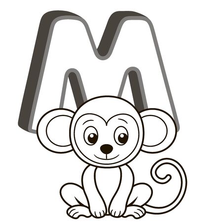 Coloring book alphabet with capital letters of the English and cute cartoon animals and things. Coloring page for kindergarten and preschool. Cards for learning English. Letter M. Monkeyのイラスト素材
