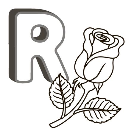 Coloring book alphabet with capital letters of the English and cute cartoon animals and things. Coloring page for kindergarten and preschool. Cards for learning English. Letter R. Roseのイラスト素材