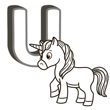 Coloring book alphabet with capital letters of the English and cute cartoon animals and things. Coloring page for kindergarten and preschool. Cards for learning English. Letter U. Unicornのイラスト素材