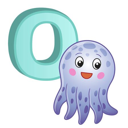 Vector alphabet with capital letters of the English alphabet and cute cartoon illustrations. Poster for kindergarten and preschool. Cards for learning English. Letter O. Octopusのイラスト素材