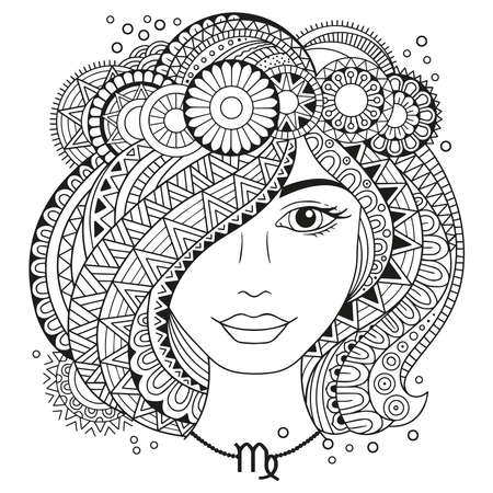 Vector coloring book for adults. Silhouette of woman isolated on white background. Zodiac virgo.のイラスト素材