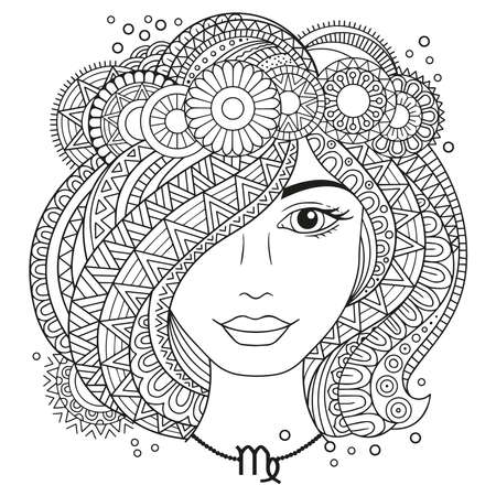 Vector coloring book for adults. Silhouette of woman isolated on white background. Zodiac virgo.のイラスト素材