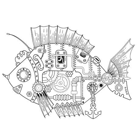 Steampunk coloring page. Vector coloring book for adult for relax and medetation. Art design of a fictional mechanical fishのイラスト素材