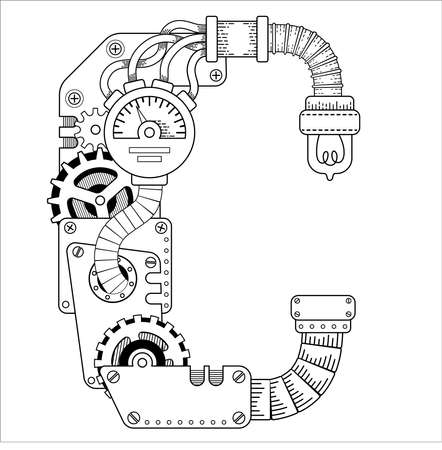 Vector Steampunk coloring book for adults. Mechanical letter alphabet made of metal gears and various details on white background. Capital letter Bのイラスト素材