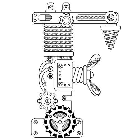 Vector coloring book for adults. Steampunk capital font. Mechanical alphabet made of metal gears and various details on white background. Capital letter Fのイラスト素材