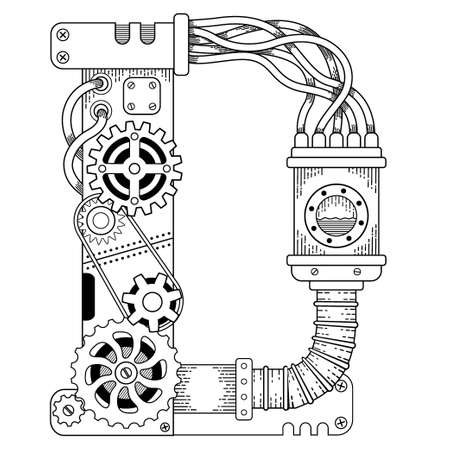 Vector coloring book for adults. Steampunk capital font. Mechanical alphabet made of metal gears and various details on white background. Capital letter Dのイラスト素材