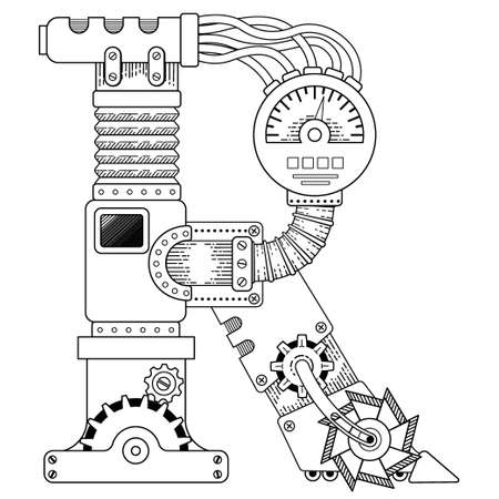 Vector Steampunk coloring book for adults. Mechanical letter alphabet made of metal gears and various details on white background. Capital letter Rのイラスト素材