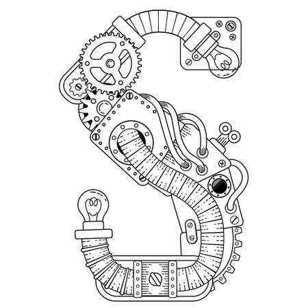 Vector Steampunk coloring book for adults. Mechanical letter alphabet made of metal gears and various details on white background. Capital letter Sのイラスト素材