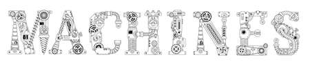 Steampunk banner. Lettering made of gears and various mechanical details on white background. Coloring the Text made of capital letters English alphabet.のイラスト素材