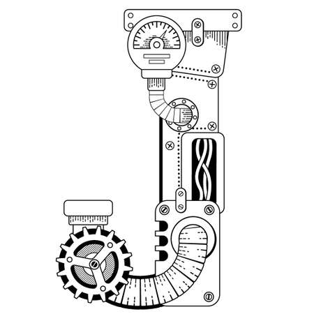 Vector coloring book for adults. Steampunk font. Mechanical alphabet made of metal gears and various details on white background. Letter Jのイラスト素材