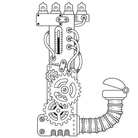 Vector coloring book for adults. Steampunk font. Mechanical alphabet made of metal gears and various details on white background. Letter Lのイラスト素材