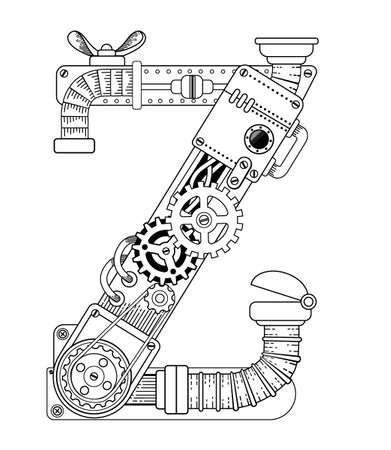 Vector coloring book for adults. Steampunk font. Mechanical alphabet made of metal gears and various details on white background. Capital letter Zのイラスト素材