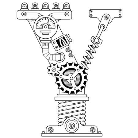 Vector coloring book for adults. Steampunk font. Mechanical alphabet made of metal gears and various details on white background. Capital letter Yのイラスト素材