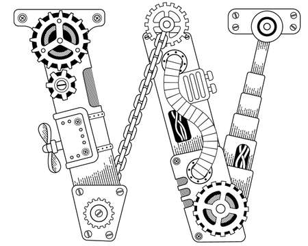 Vector coloring book for adults. Steampunk font. Mechanical alphabet made of metal gears and various details on white background. Capital letter Wのイラスト素材
