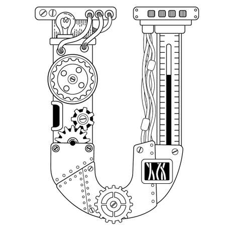 Vector coloring book for adults. Steampunk font. Mechanical alphabet made of metal gears and various details on white background. Capital letter Uのイラスト素材