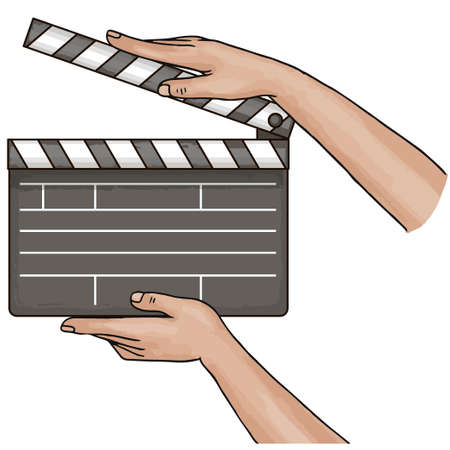 Female hands holding a film clapper black board isolated on white background. Blank movie clapper cinema vector illustrationのイラスト素材