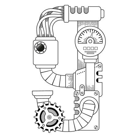 Vector coloring book for adults. Steampunk mathematical symbol nine. Mechanical number made of metal gears and various details on white background.のイラスト素材