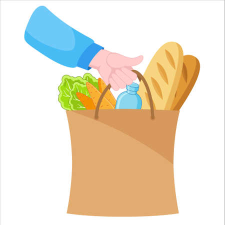 Vector illustration. Hands holding paper eco bag with grocery shopping. Healthy food in a bag, bread, lettuce, water and carrotsのイラスト素材