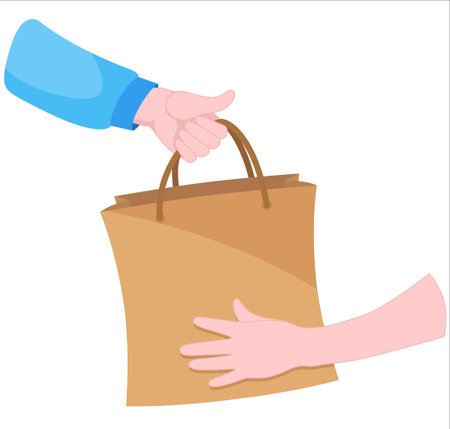 Vector illustration. Hands holding paper eco bag with grocery shopping. Healthy food in a bag, bread, lettuce, water and carrotsのイラスト素材