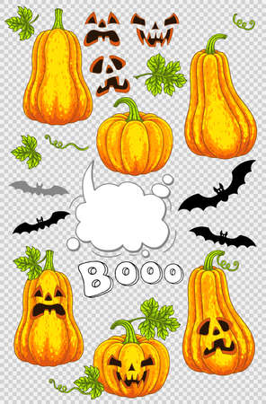 Happy Halloween set. Vector template in a cartoon style for your design for the holiday. Pumpkin, horrible smile, speak bubble, vampire batのイラスト素材
