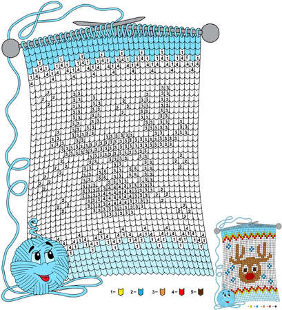 Vector Christmas coloring page. Tasks for children color by number in the shape of a knitted scarf with the image of a deerのイラスト素材